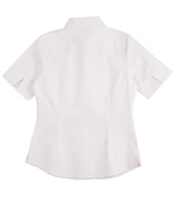 A short-sleeved women's oxford shirt in white, featuring a classic button-up design and a logo.