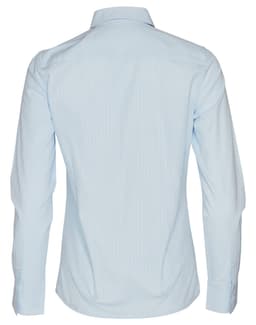 A light blue women's self-stripe long-sleeve button-up shirt with a collar and cuffed sleeves.