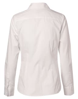 A white women's self-stripe long sleeve shirt with a collared neckline and button-up cuffs, featuring a branding logo.
