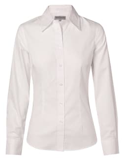 A white women's long-sleeve button-up shirt with self-stripes and a collar, featuring a branded label.