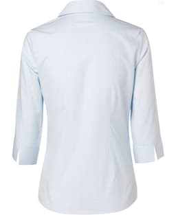 A light blue women's self-stripe button-up shirt with 3/4 sleeves, featuring a back view and a collar.