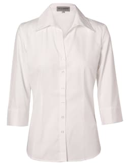 A white women's self-stripe 3/4 sleeve button-up shirt with a collared neckline and a logo.