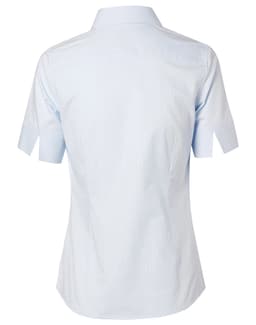 A light blue women's short-sleeve button-up shirt with self-stripe detailing and a branded logo.