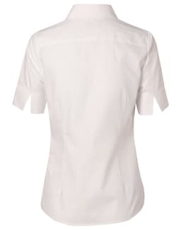 A women's short-sleeve button-up shirt in white with a self-stripe pattern and a logo on the back.