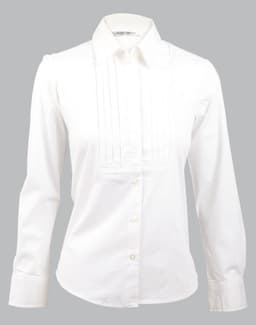 A white long sleeve button-up shirt featuring tuck front detail and a collar, with a branding logo.