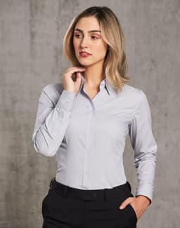 A long-sleeve women's button-up shirt in a grey and white ticking stripe pattern, featuring a collar and fitted design.