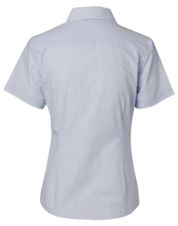 A light blue short-sleeve button-up shirt with fine stripes. The back features a classic collar and has a logo.