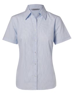 A light blue women's button-up shirt with short sleeves and a fine stripe pattern. It features a collar and buttons down the front.