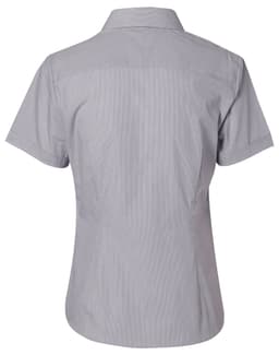 A light grey women's button-up shirt with a fine stripe pattern and short sleeves, featuring a collar and back yoke.