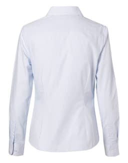 A light blue women's button-up shirt with fine stripes and long sleeves, featuring a branded logo.