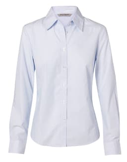 A light blue, fine stripe long sleeve button-up shirt for women, featuring a collar and button front.