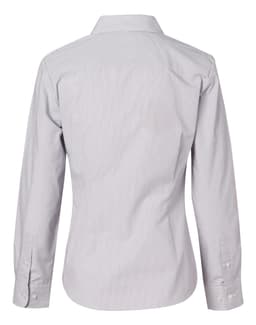 A button-up women's shirt featuring fine stripes in light grey, showcasing a classic collar and long sleeves.