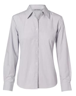 A light grey women's fine stripe long sleeve button-up shirt with a classic collar and button closure.