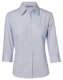A light blue women's button-up shirt with fine stripes and 3/4 sleeves, featuring a collar and a logo.