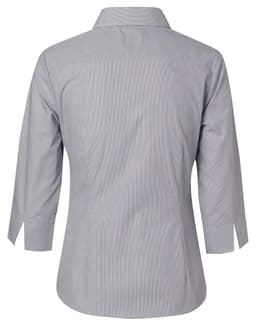 A grey women's button-up shirt featuring fine stripes and 3/4 sleeves, with a logo on the back.