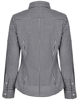 A black and white gingham check women's roll-up long sleeve button-up shirt, featuring a fitted design and collar.