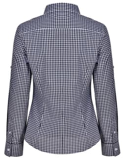 A women's long-sleeve button-up shirt in navy and white gingham check pattern, featuring a roll-up sleeve design and a logo.