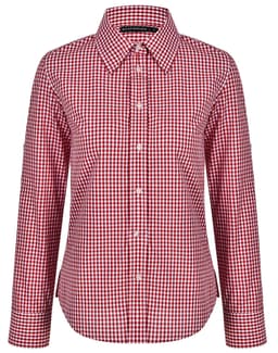 A red and white gingham check roll-up long sleeve shirt with a button-up front and collar, featuring a branding logo.