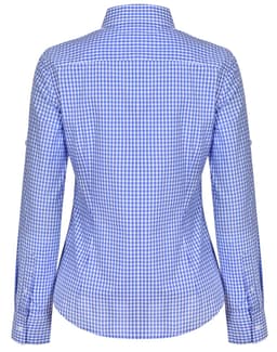 A blue and white gingham check roll-up long sleeve shirt with a button-up design and a branded logo.