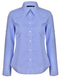 A blue and white gingham check long-sleeve button-up shirt with roll-up sleeve option and a collar.