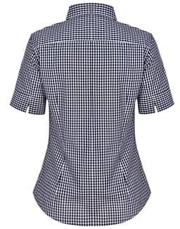 A women's short-sleeve button-up shirt featuring a navy and white gingham check pattern, with a fitted design and collar.