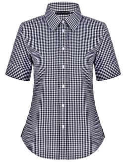 A button-up shirt featuring a black and white gingham check pattern and short sleeves. It has a collar and a logo.