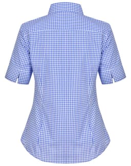 A blue and white gingham check short-sleeved button-up shirt with a fitted silhouette and collar.