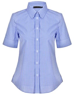 A blue and white gingham check short-sleeve button-up shirt with a collar. Features a logo on the label.