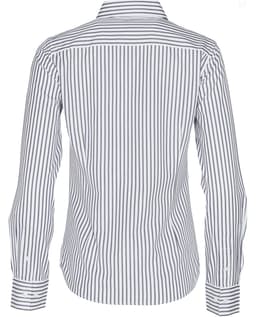 A back view of a women's long-sleeve button-up shirt featuring a blue and white sateen stripe pattern.