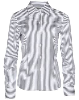 A women's long-sleeve button-up shirt featuring a blue and white sateen stripe pattern. The shirt has a collar and a logo.
