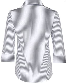 A white and navy striped women's 3/4 sleeve button-up shirt with a collar. Features a logo on the label.