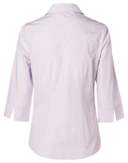 A light purple women's mini check 3/4 sleeve button-up shirt with a collar and a logo.