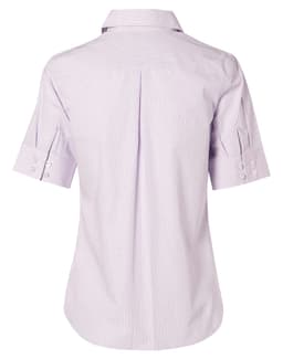 A lavender women's short-sleeve button-up shirt featuring a back pleat and buttoned cuffs. It has a logo on it.