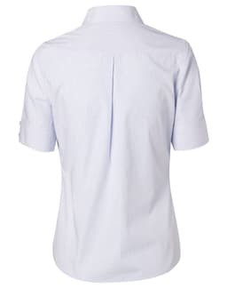 A light blue women's button-up shirt featuring short sleeves and a back pleat, with a logo on the label.