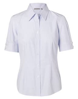 A light blue, short-sleeved women's button-up shirt with a collar and button details on the sleeves, featuring a logo.