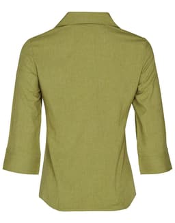 A green women's Cooldry 3/4 sleeve shirt with a back collar and rolled sleeves. It features a logo on the fabric.