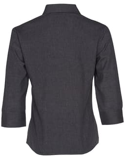 A dark grey women's 3/4 sleeve shirt with a collared neckline and a logo on the back.