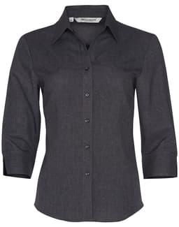 A dark grey women's 3/4 sleeve shirt with a collared neck and button front, featuring a logo on the label.