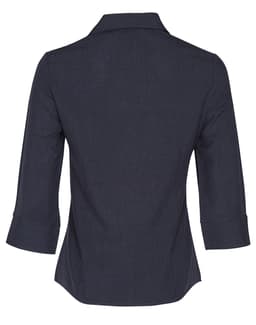 A dark navy women's 3/4 sleeve shirt featuring a collared design and rolled sleeves, with a logo on the back.