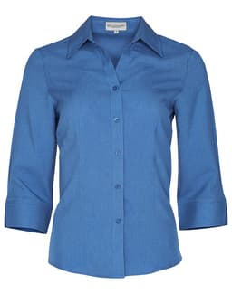 A blue women's 3/4 sleeve shirt with a collar and button-up front, featuring a logo on the chest.