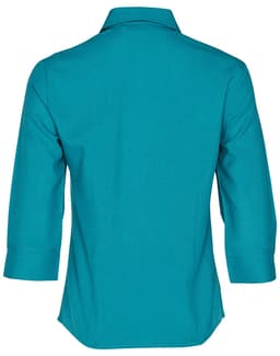 A turquoise women's 3/4 sleeve shirt with a collar, featuring a back view and a logo.