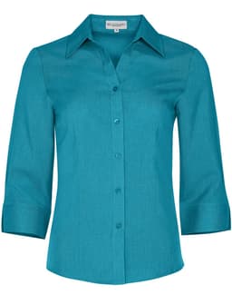 A turquoise women's 3/4 sleeve shirt with a button-up front and a collared neckline, featuring a logo.