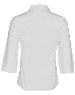 A white women's Cooldry 3/4 sleeve shirt with a collar and a plain design, featuring a branding logo.