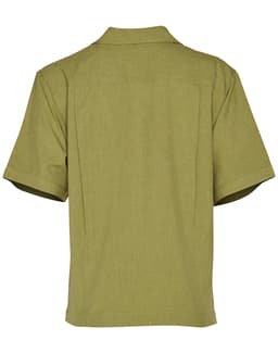 A short sleeve overblouse in olive green, featuring a collared neckline and a logo on the back.