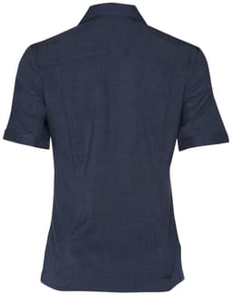 A navy short sleeve overblouse with a structured collar and a plain back design, featuring a branding logo.