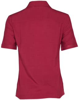 A red short sleeve overblouse with a collared neckline and a textured fabric. It features a logo on the back.