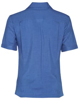 A blue short sleeve overblouse with a collar and a logo on the back. Suitable for uniforms or tunics.