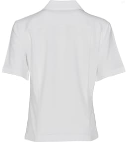 A white short sleeve overblouse with a collar, featuring a logo and a neat back design.
