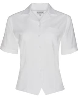 A white women's short sleeve overblouse with a button front and a pocket, featuring a logo.