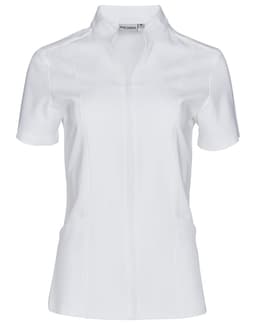 A white short sleeve tunic with a full zip front, featuring a fitted design and a logo.